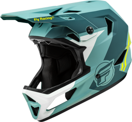 Fly Racing Rayce bicycle helmet in matte blue stone with hi-vis accents, size medium, lightweight and aerodynamic design.