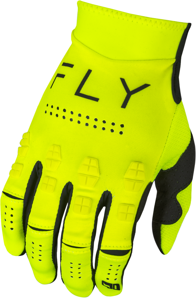 Fly Racing Evolution DST gloves in hi-vis and black, XL size, featuring padded palms and adjustable wrist closures.
