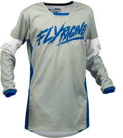 Fly Racing Youth Kinetic Khaos jersey in light grey, blue, and white, featuring breathable fabric and sporty design.