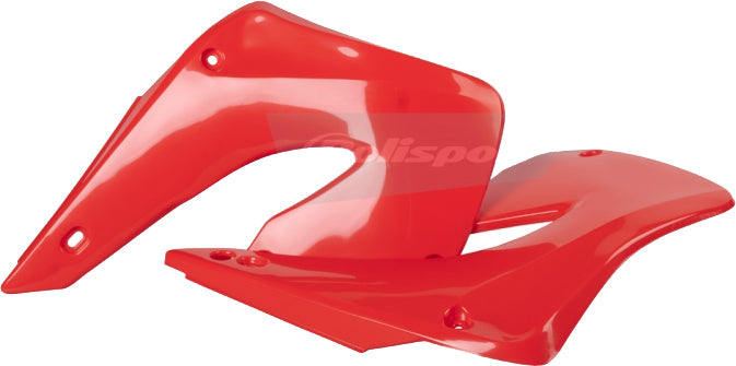 Polisport Plastics red radiator shroud body for motorcycle, showing the sleek, curved design with mounting points.