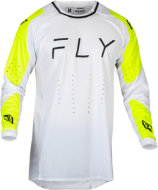 Fly Racing Evolution DST jersey in white and hi-vis colors, featuring breathable fabric and lightweight design for motocross riding.