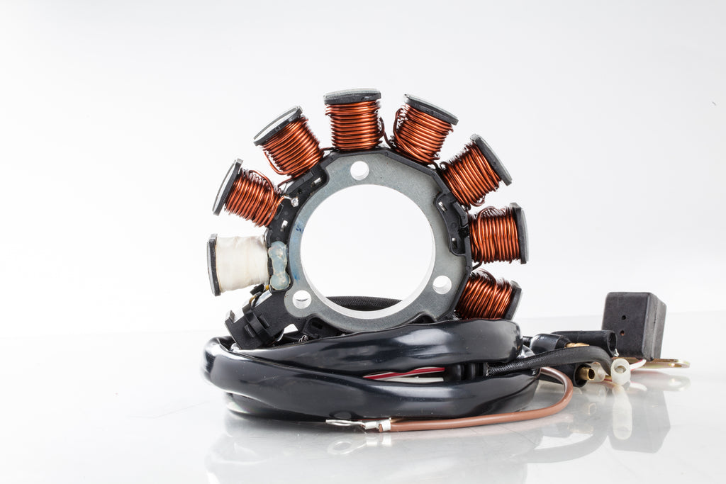 Ricks Motorsport Electric Stator 27-21552 for motorcycle electrical systems, showing the coil windings and mounting points.