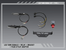 Yoshimura Fe V2 LED turn signal kit Type L for Kawasaki motorcycle, black body with bright LED lights, mounted on handlebar.