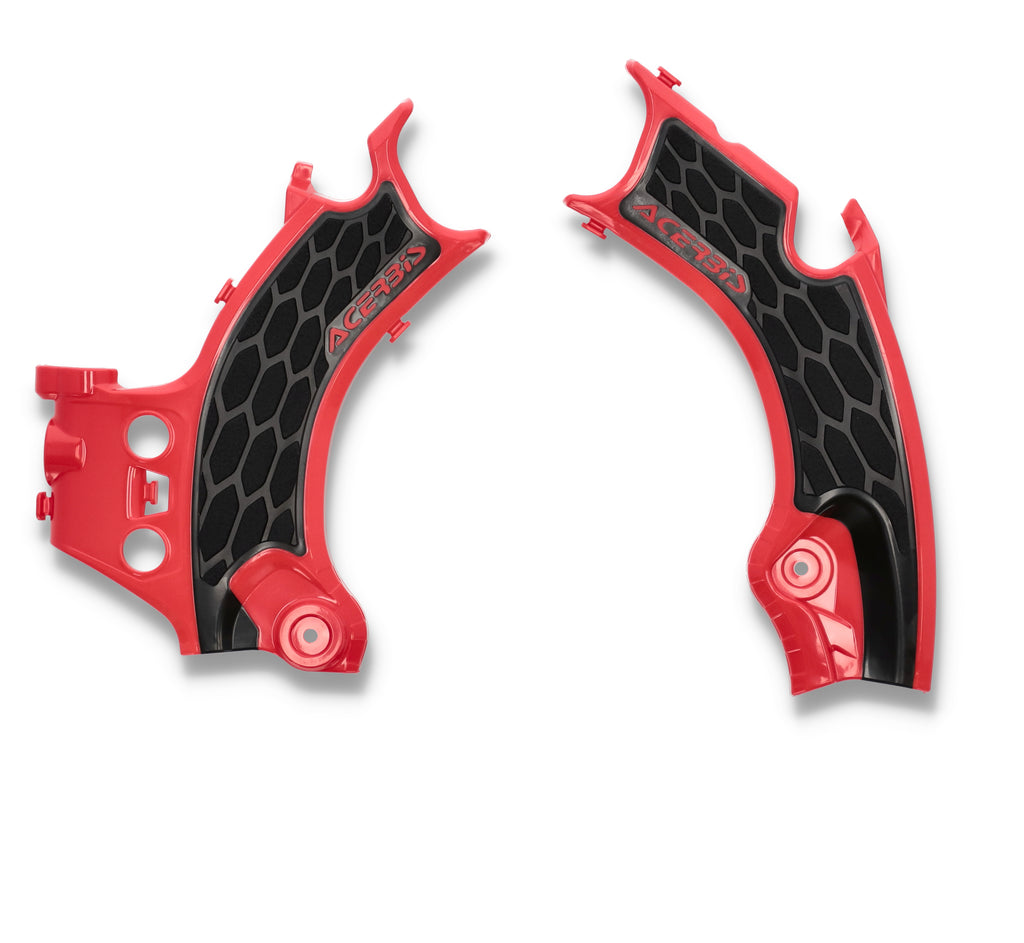 Acerbis X-Grip Frame Guards in red and black mounted on motorcycle frame, providing protection and style.