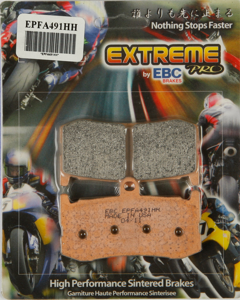 EBC Motorcycle Brakes Extreme Pro Brake Pads 15-491EP installed on a motorcycle brake caliper for high-performance stopping power