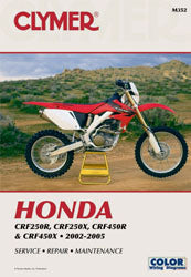 Clymer repair manual for Honda CRF250R and CRF450R motocross bikes, showing detailed pages and diagrams inside.