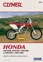 Load image into Gallery viewer, Clymer repair manual for Honda CRF250R and CRF450R motocross bikes, showing detailed pages and diagrams inside.