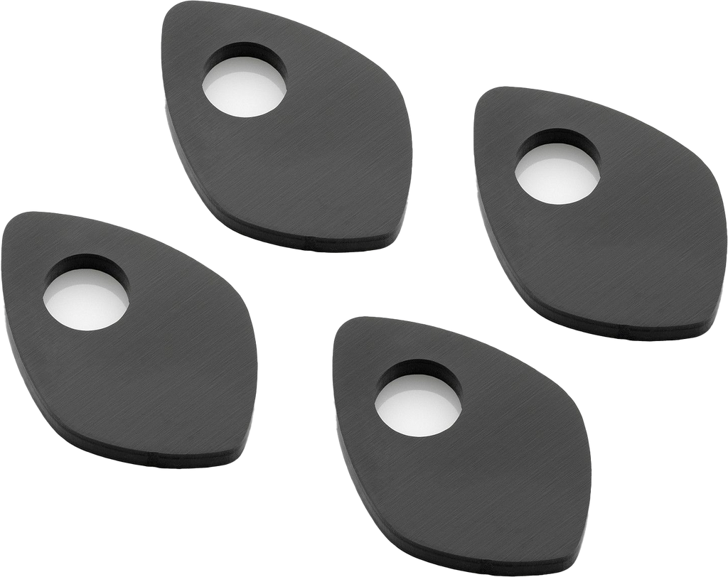 Set of four black RIZOMA turn signal mounting brackets for motorcycle or scooter, showcasing sturdy metal construction.