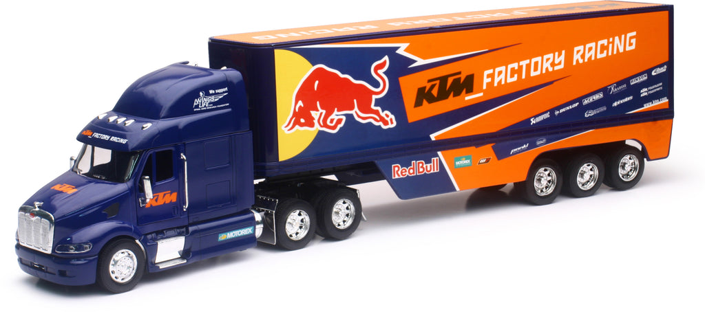 New Ray Toys 1:32 Red Bull KTM Race Truck semi truck replica in red with detailed racing graphics and accessories.