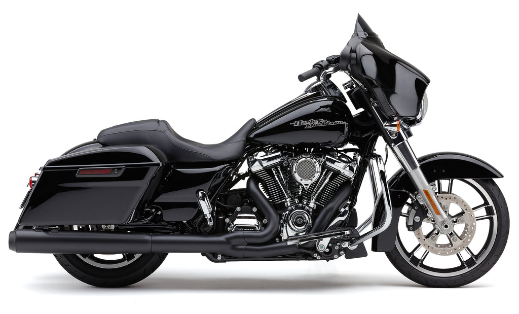 Cobra Powrflo 2-1 exhaust with billet tip in black, designed for Flh/Flt 17-25 motorcycle, shown on a motorcycle exhaust system