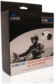Cardo Systems G9 half helmet audio kit with electrical components, including speakers and microphone, for motorcycle communication.