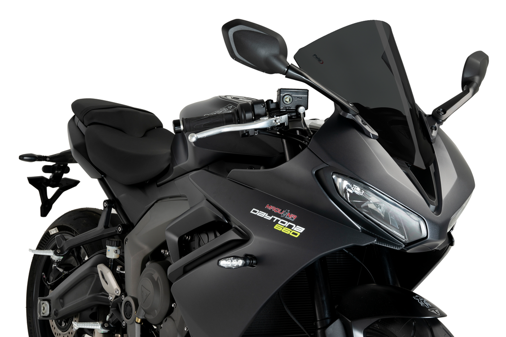 PUIG R-Racer Tri motorcycle windshield with aerodynamic design and clear protective surface for enhanced rider protection.
