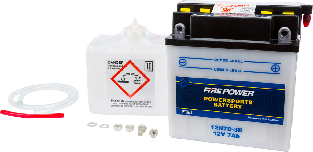 Fire Power 12V battery with acid, model 12N7D-3B, featuring terminals and durable casing for automotive or power use