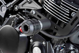 PUIG Vintage Black Frame Sliders for Kawasaki motorcycle, body protection with black finish and mounting hardware visible.