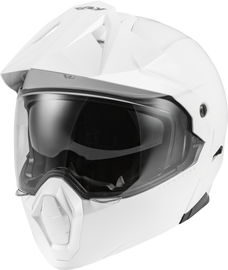Fly Racing Odyssey Adventure modular helmet in white, XS size, showing the full helmet with vent details and sleek design.