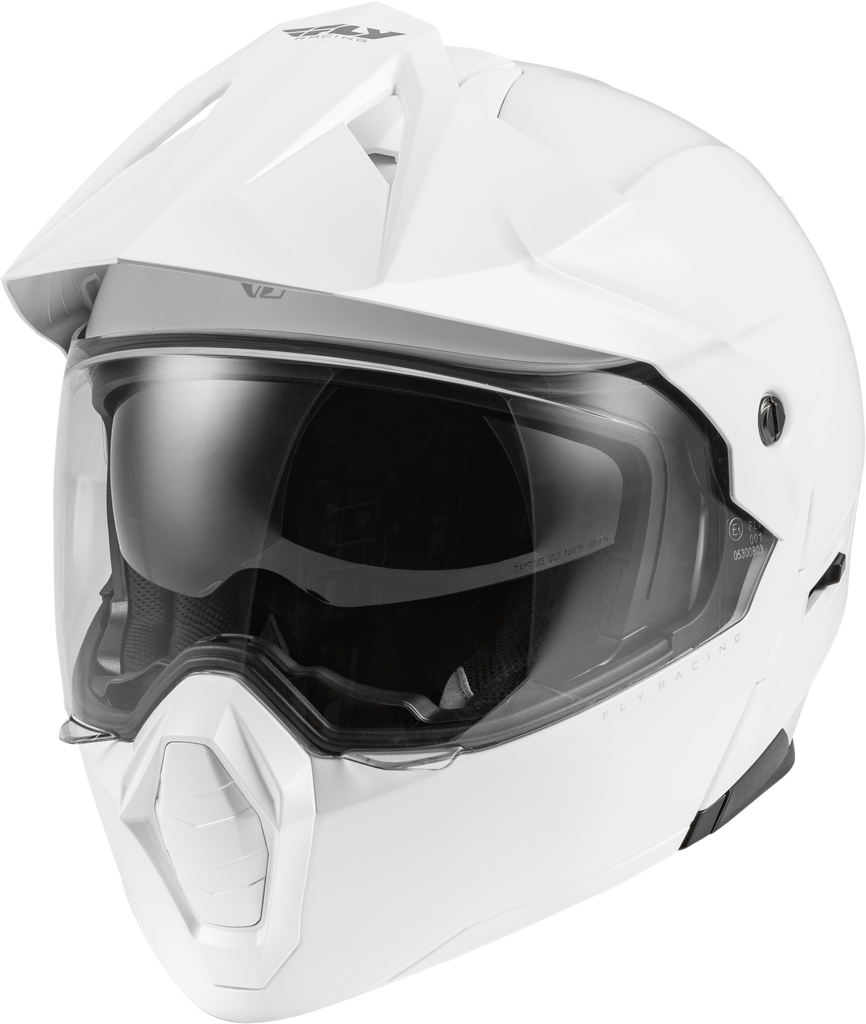 Fly Racing Odyssey Adventure Modular Helmet in white showing the front view with adjustable visor and ventilation features.