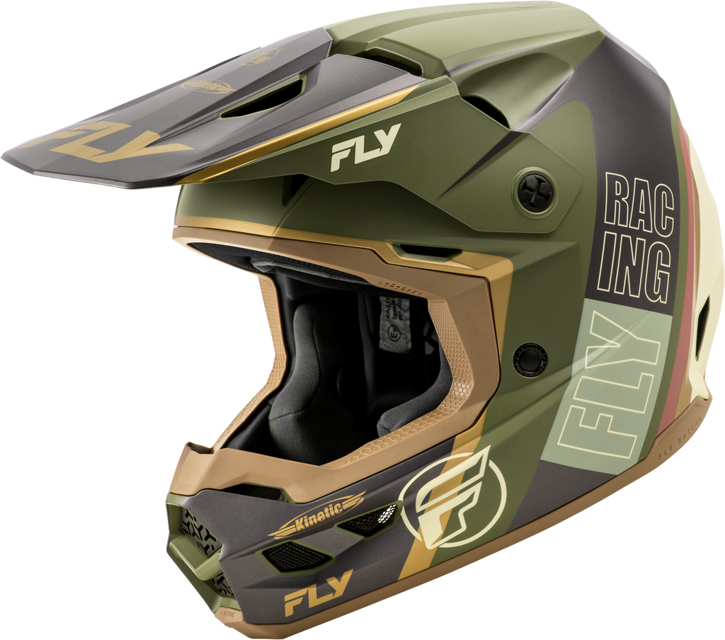 Fly Racing Kinetic Rally helmet in matte moss, gray, khaki, and off-white, size medium, with sleek aerodynamic design.