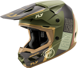 Fly Racing Kinetic Rally helmet in matte moss, gray, khaki, and off-white, size medium, with sleek aerodynamic design.