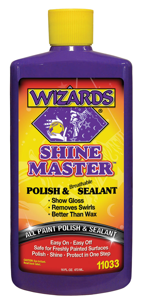 Wizards Products Shine Master Polish 16 oz bottle, showcasing the chemical liquid with label, used for automotive and surface polishing.