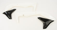 Load image into Gallery viewer, Acerbis radiator shrouds in white and black, designed for motorcycle cooling system, featuring sleek aerodynamic styling.
