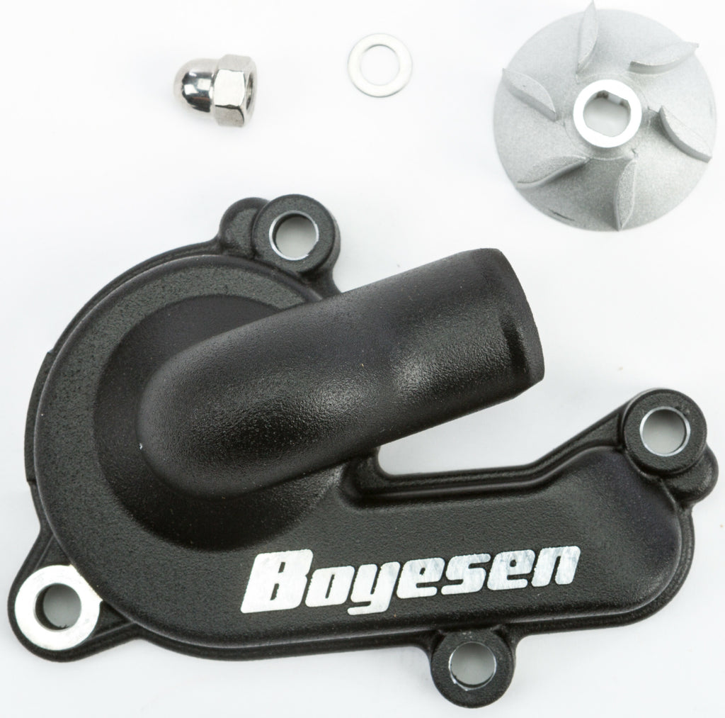 Boyesen engine pump cover and impeller kit in black for improved performance, featuring durable components and precise fit.