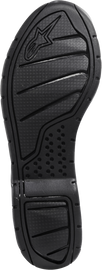 Black Alpine Star Tech-3s sole in size 02, close-up view showing textured rubber and sole design for motorcycle riding footwear.