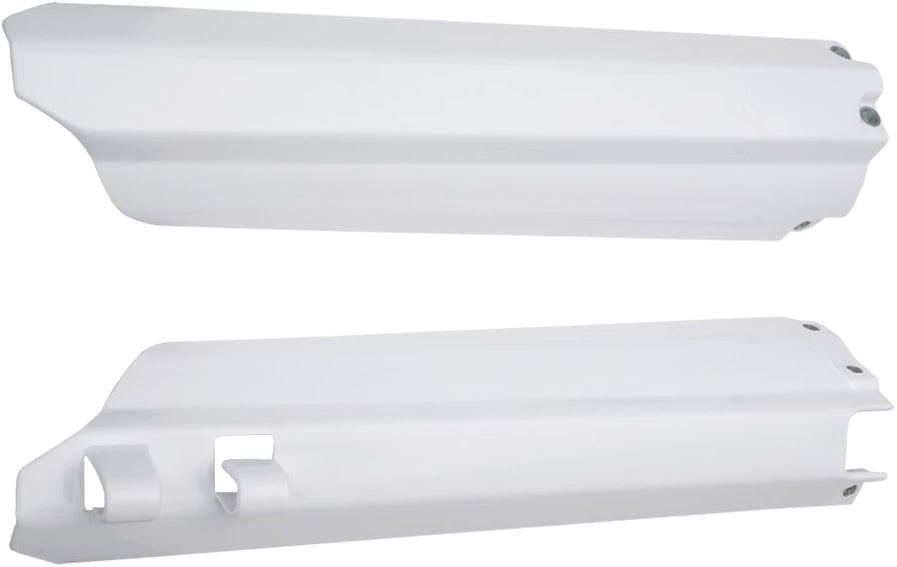Acerbis white fork guard for motorcycle suspension, showing its sleek design and mounting points in a close-up image.