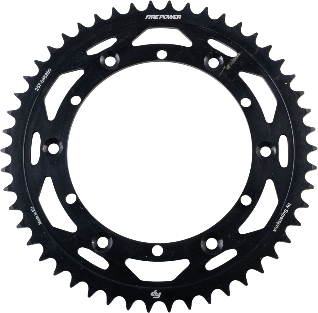 Steel Fire Power 50-tooth rear sprocket for off-road bikes, black finish, durable off-road motorcycle sprocket with precise teeth.