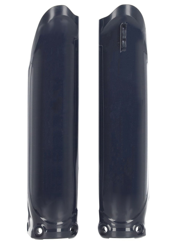 Acerbis dark blue lower fork cover set for Yamaha motorcycles, showing the body covers with branding and detailed texture.