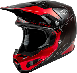 Fly Racing Formula S Carbon Legacy helmet in red and black, large size, with sleek carbon fiber design and aerodynamic shape.