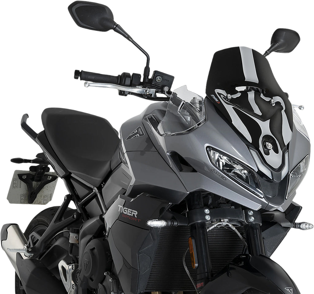Black Puig Windscreen Sport Tri 561-22522BK for motorcycle, showing the aerodynamic windshield and mounting hardware.