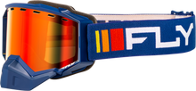 Charger l'image dans la galerie, Fly Racing Zone snow goggles in navy and white with red mirror and amber lens, designed for winter sports and snowboarding.