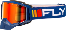 Fly Racing Zone snow goggles in navy and white with red mirror and amber lens, designed for winter sports and snowboarding.