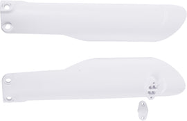Acerbis white fork covers for motorcycle suspension, model 24012-65413, shown on a motorcycle suspension system.