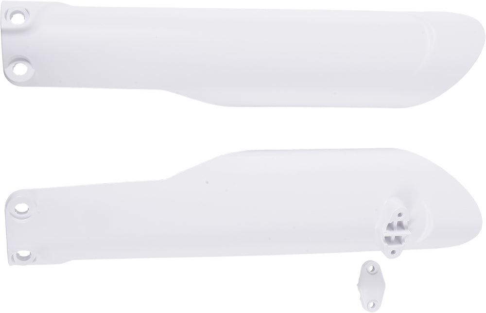 Acerbis white fork covers for motorcycles, featuring sleek design and brand logo, installed on front suspension forks.