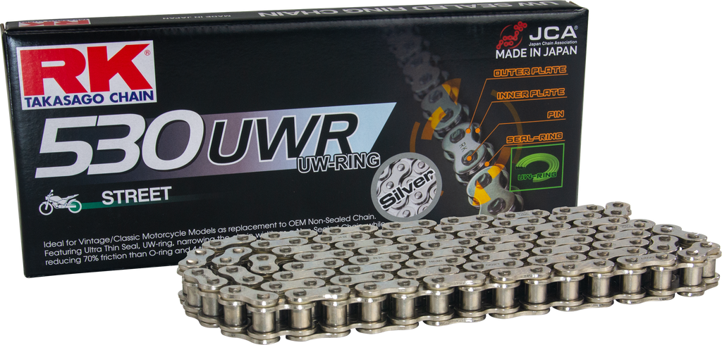 Excel Wheel Components Sv530uwr silver drive chain, 530 x 100, with detailed links and silver finish for bicycle or machinery use.