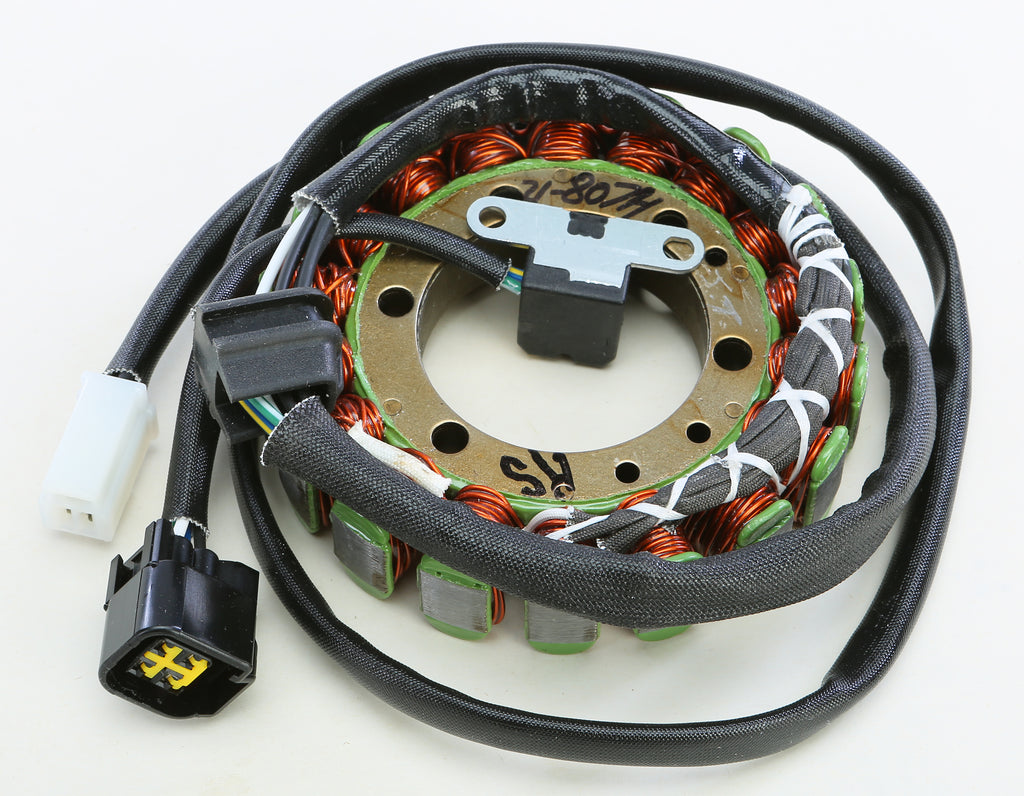 Ricks Motorsport Electric stator 27-21807H for motorcycle electrical system, showing the coil and mounting hardware.