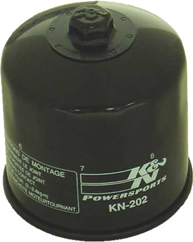 K&N Oil Filter 56-0202, a cylindrical automotive oil filter with the K&N logo and metal threading for engine oil filtration.