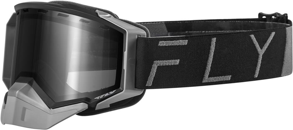 Fly Racing Zone Pro snow goggles in black and gray with polarized smoke lens, designed for winter sports and snowboarding.