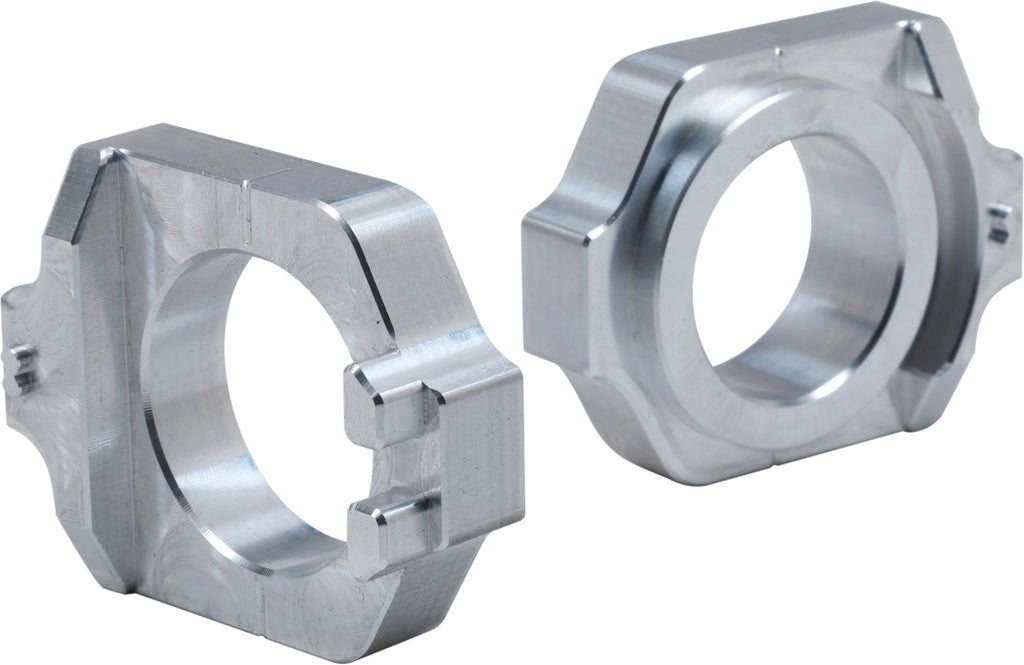 WORKS Axle Blocks Elite Hon Silver drive axle blocks for precision vehicle alignment, shown in a close-up image.