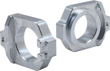 Load image into Gallery viewer, WORKS Axle Blocks Elite Hon Silver drive axle blocks for precision vehicle alignment, shown in a close-up image.