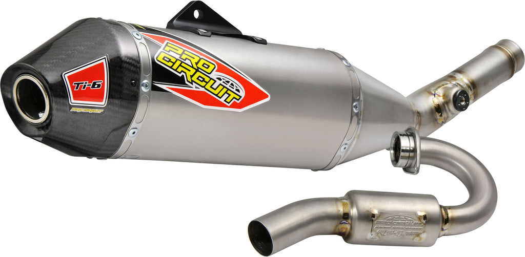 Pro Circuit Ti-6 exhaust system with carbon cap, lightweight motorcycle exhaust pipe with sleek metallic finish.