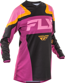 Fly Racing women's F-16 jersey in black, mauve, and yellow, size large, featuring sporty design and lightweight fabric.