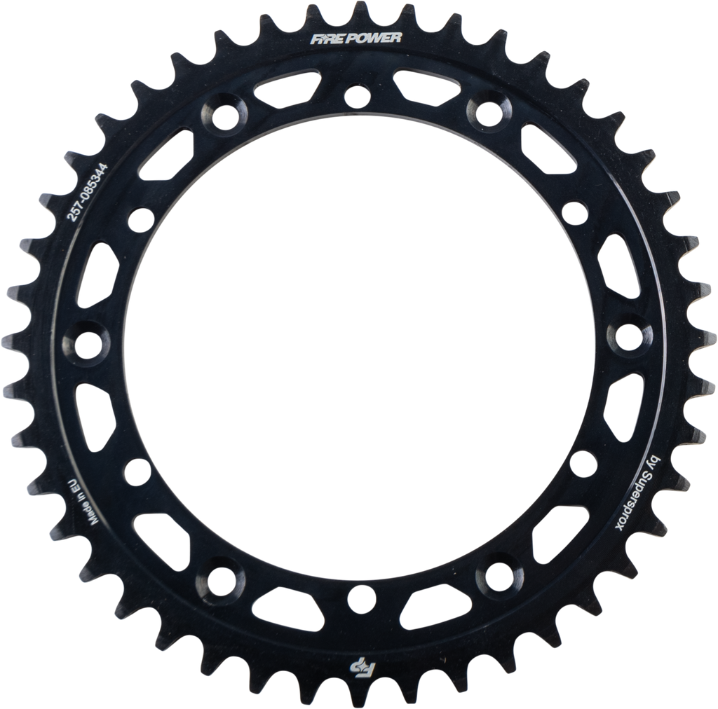 Steel Fire Power rear sprocket for off-road bikes, 44-tooth black off-road motorcycle sprocket with teeth and mounting holes visible