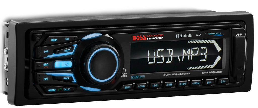 Boss Audio multimedia AM/FM receiver model 63-8050 showing its front panel with display and control buttons.