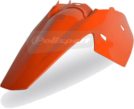 Polisport Plastics orange rear fender with panel for motorcycle, featuring durable plastic construction and mounting points.