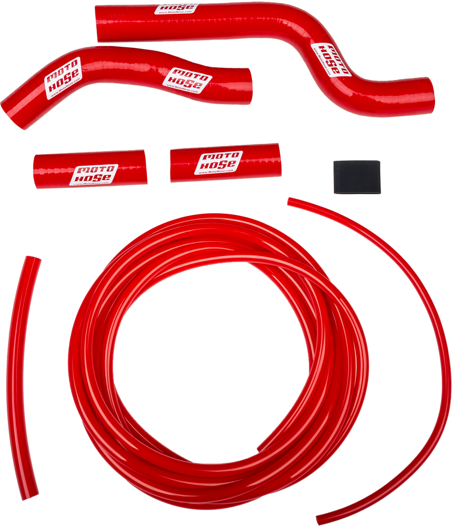 Red Moto Hose silicone engine hose kit with multiple curved and straight hoses, designed for automotive engine cooling and fluid transfer.
