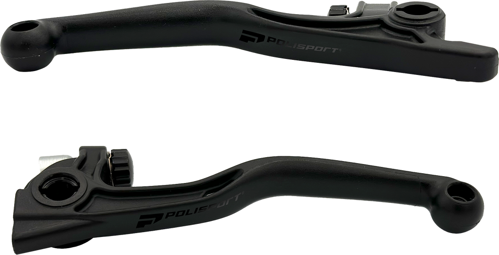 Polisport Plastics black Apt brake levers for Nissin motorcycle, shown with close-up of lever design and mounting points.