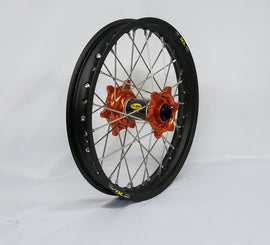 Pro-Wheel rear bicycle wheel with orange hub, black rim, silver spokes, and nipples, 1.85x19 size, suitable for mountain bikes