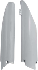 Acerbis white fork guard for motocross bikes, featuring sleek design and branding, protecting the front suspension forks.